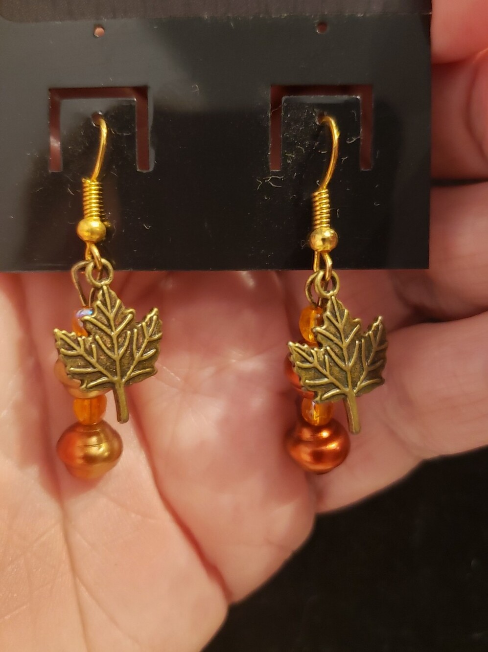 NEW Maple Leaf & Czech Fire-polished Beads On Goldtone French Wires Earrings.